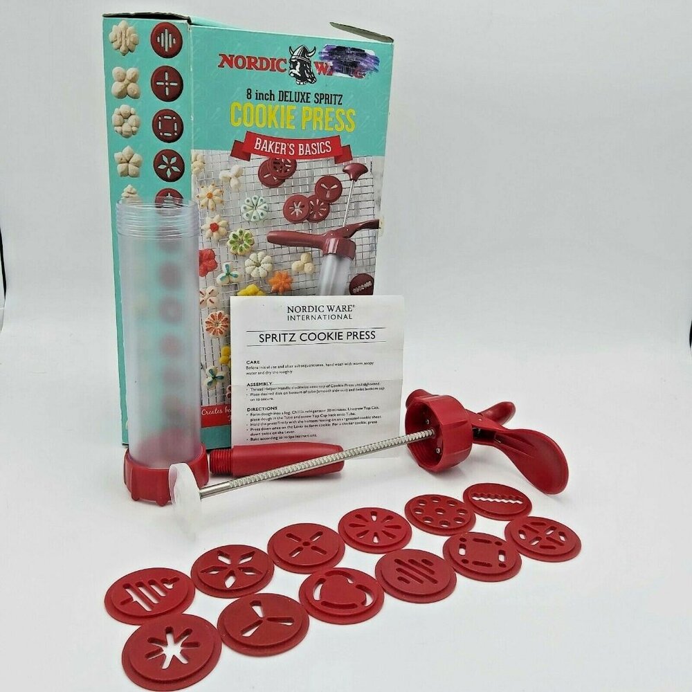 Nordic Ware DELUXE SPRITZ Cookie Press 8-inch 12 Decorative Discs w/Manual & Box